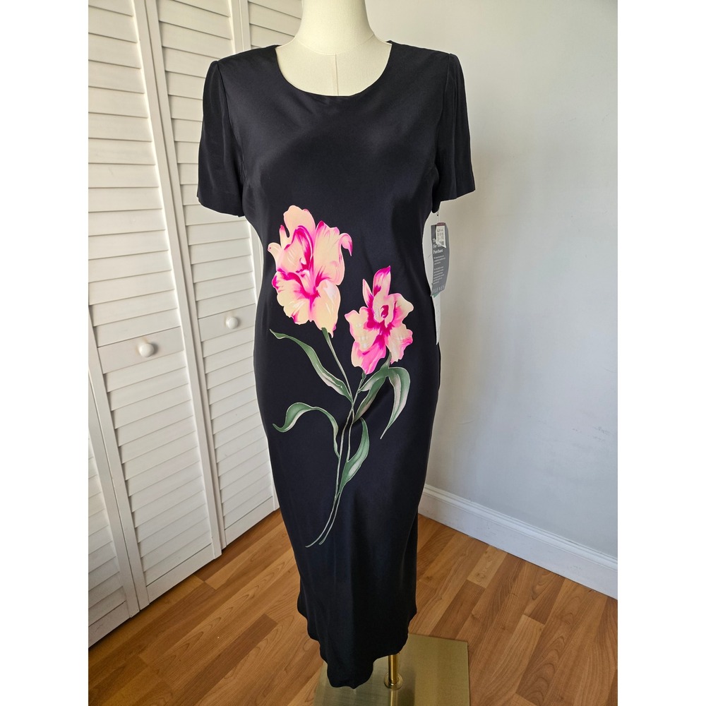 Maggy London Black Floral 100% Silk Maxi Dress Sz 14 Vtg 90s Minimalist Elegant